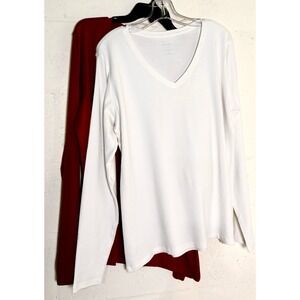 2 Member's Mark Ladies Essential  Long Sleeve V Neck Classic Fit Tees XL WH RED